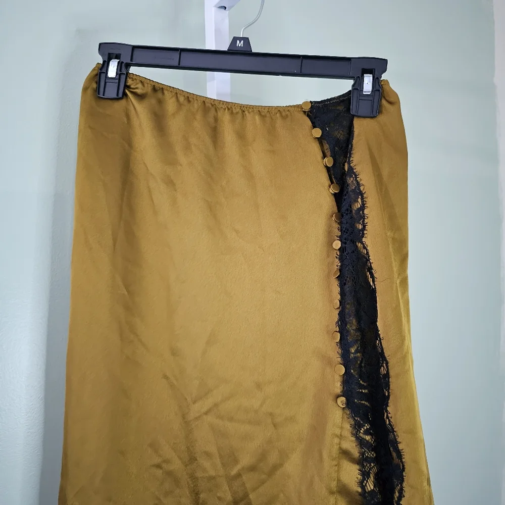 Victoria's Secret‎ Satin Midi Skirt Golden Bronze Size Medium Black Lace